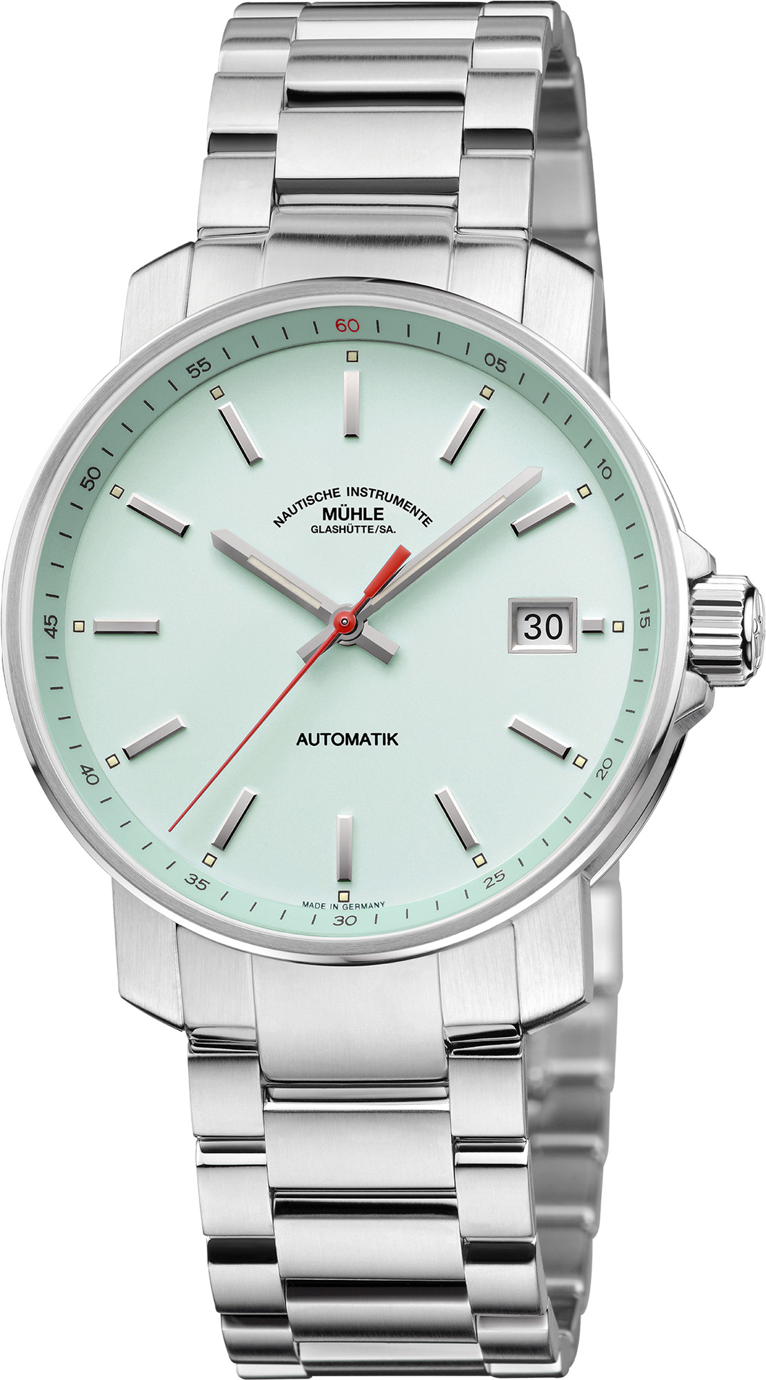 Mühle-Glashütte 29er with mint dial and stainless steel bracelet, front view