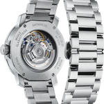 Mühle-Glashütte 29er exhibition case back showing the automatic movement, stainless steel bracelet