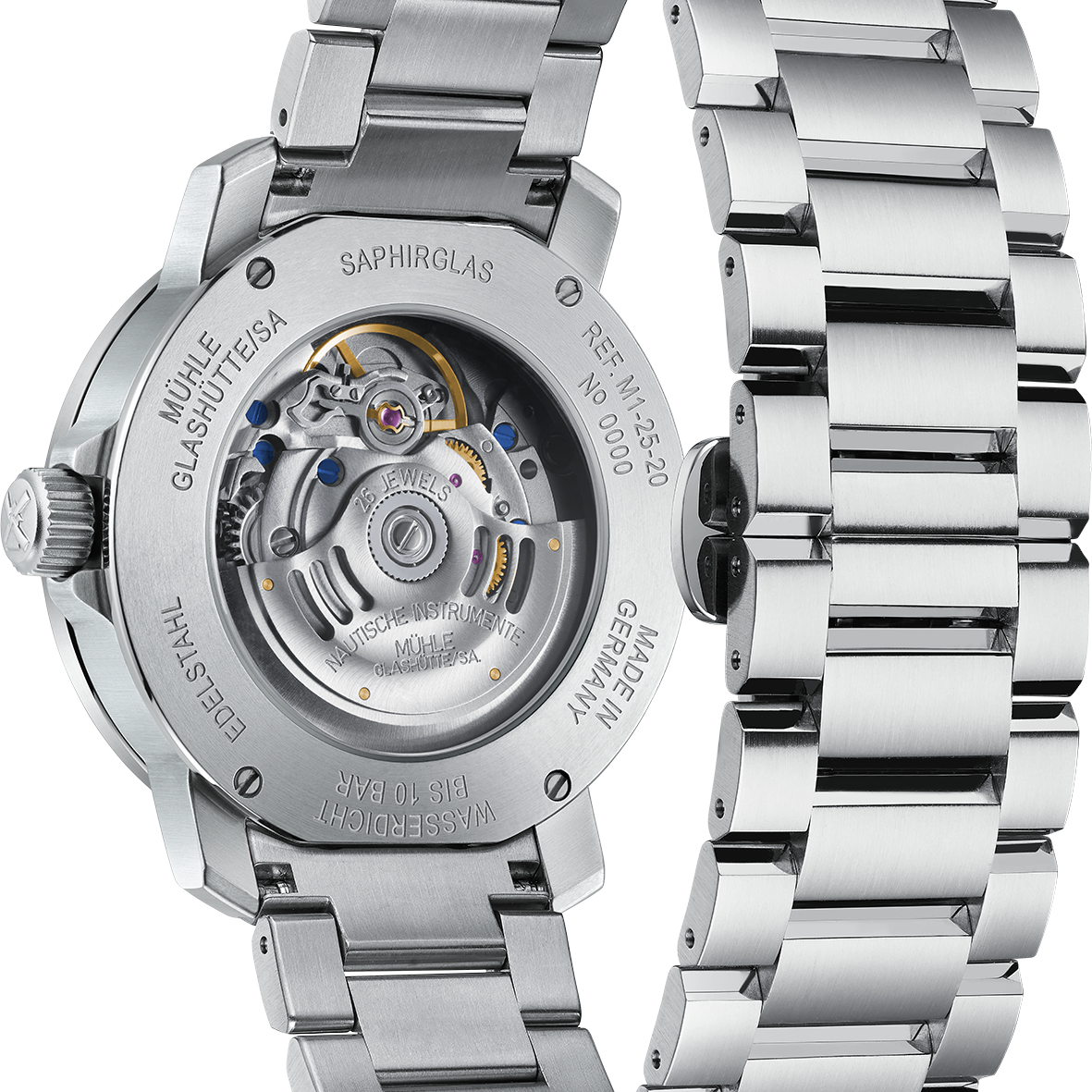 Mühle-Glashütte 29er exhibition case back showing the automatic movement, stainless steel bracelet