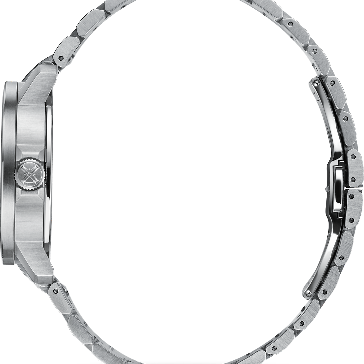 Mühle-Glashütte 29er side profile showing case thickness and stainless steel bracelet