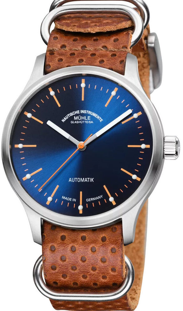 Mühle-Glashütte Panova Blue with blue dial on brown leather NATO-style strap, front view