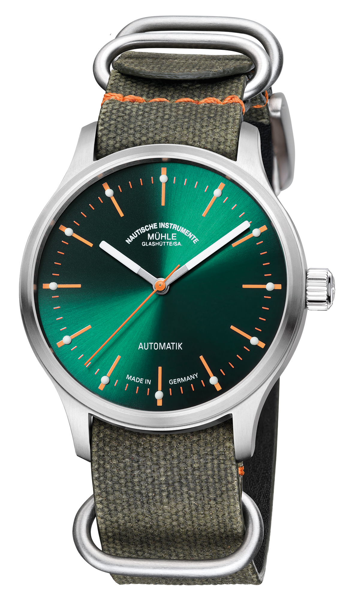 Mühle-Glashütte Panova Green with green dial on grey NATO-style strap, front view