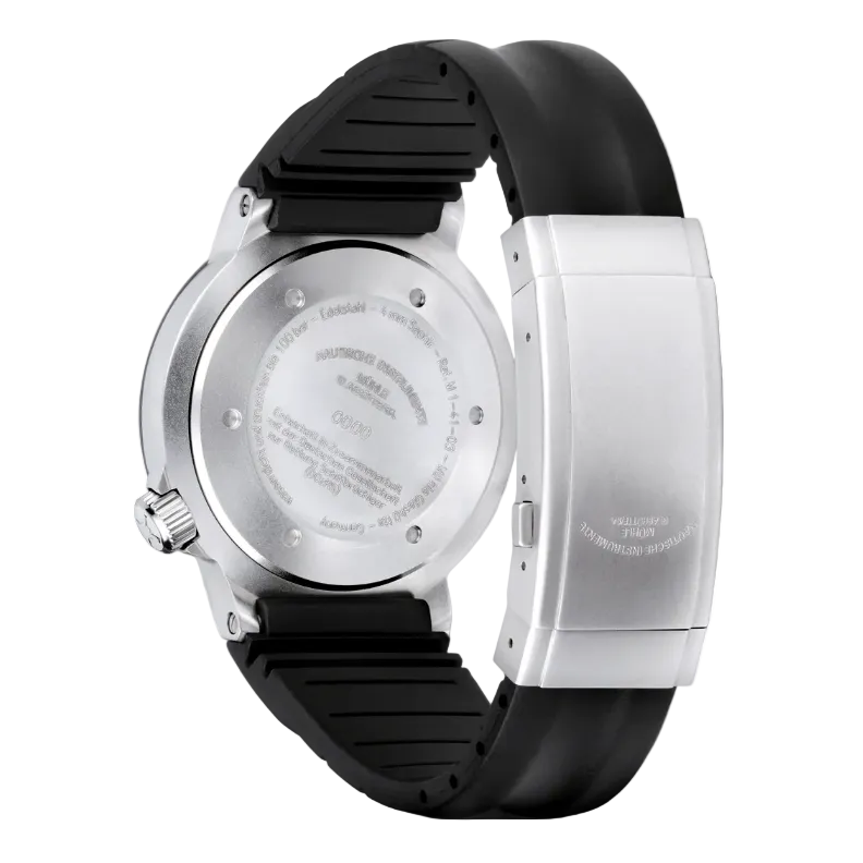 Mühle-Glashütte S.A.R. Rescue-Timer screwed stainless steel case back and folding clasp on black rubber strap