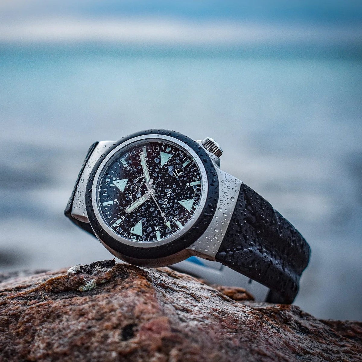 Mühle-Glashütte S.A.R. Rescue-Timer dive watch with black dial and black rubber strap, lifestyle view