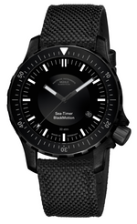 Mühle-Glashütte Sea-Timer BlackMotion all-black dive watch on textile strap, front view