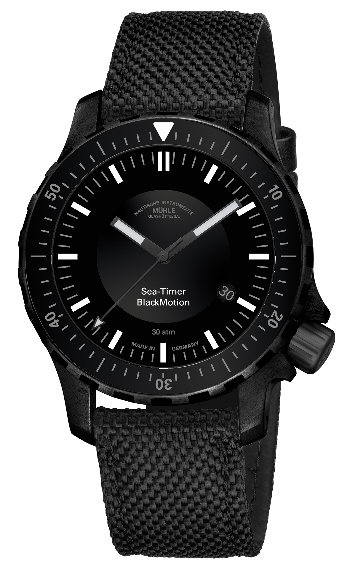 Mühle-Glashütte Sea-Timer BlackMotion all-black dive watch on textile strap, front view