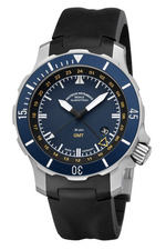 Mühle-Glashütte Seebatallion GMT with blue dial and bezel on black rubber strap, front view