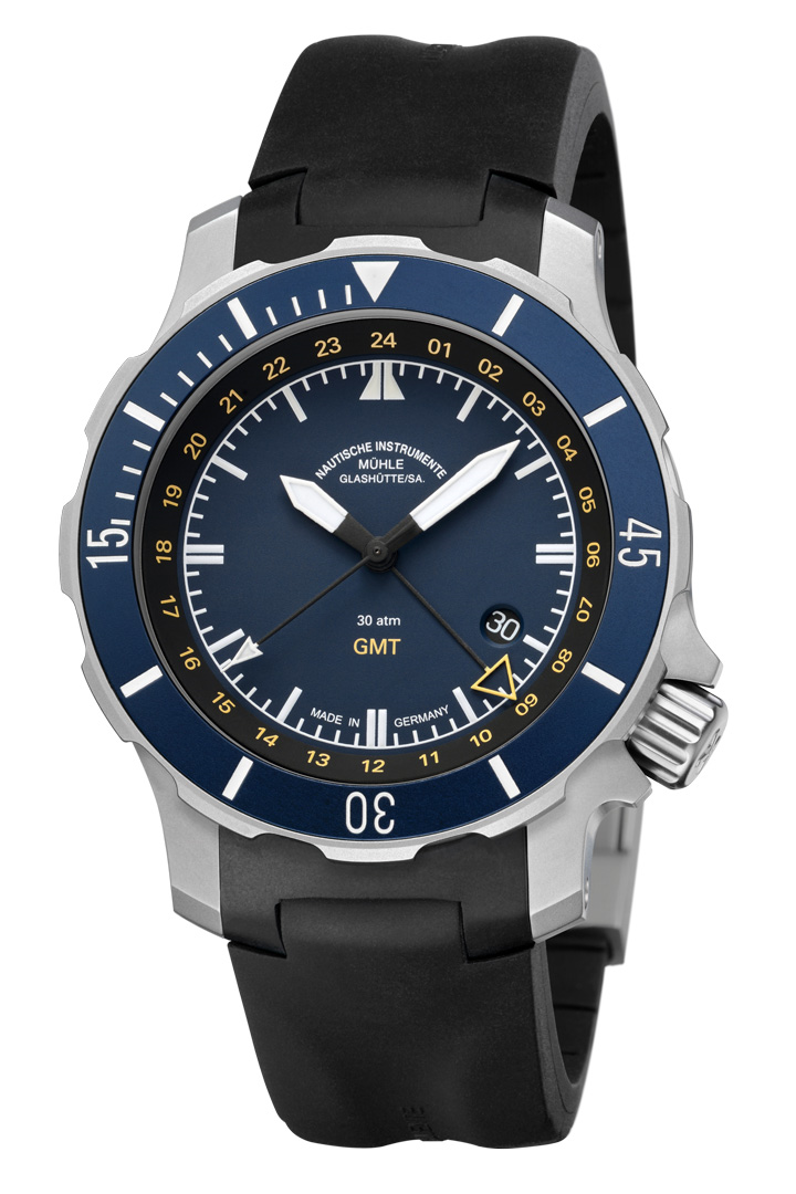 Mühle-Glashütte Seebatallion GMT with blue dial and bezel on black rubber strap, front view