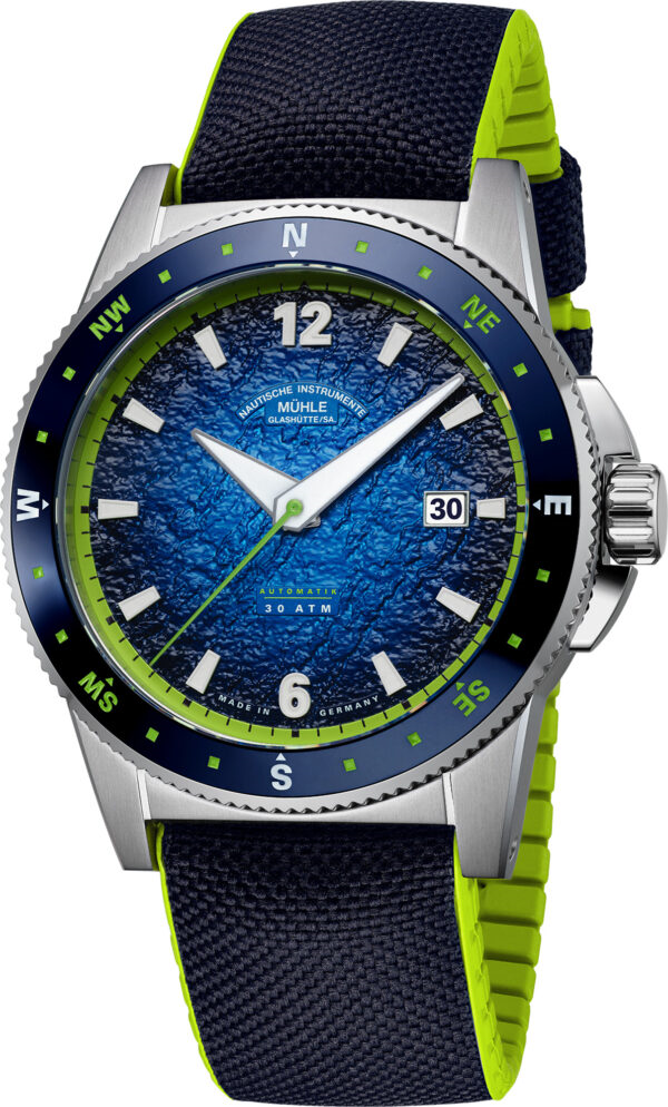 Mühle-Glashütte Sportivo Compass Date with blue dial, compass bezel and navy canvas strap, front view