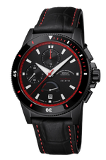 Mühle-Glashütte Sportivo Power Chronograph First Edition with black dial, red accents and black leather strap, front view