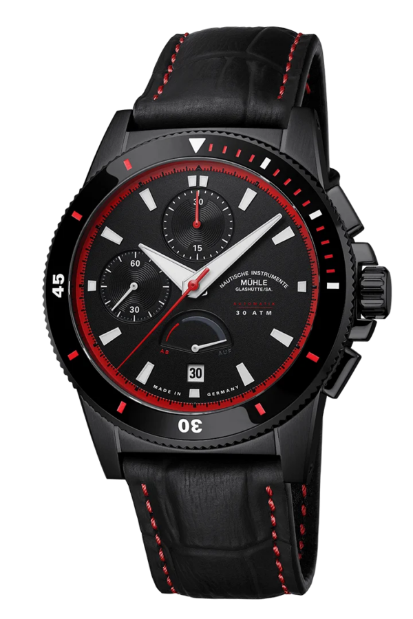 Mühle-Glashütte Sportivo Power Chronograph First Edition with black dial, red accents and black leather strap, front view
