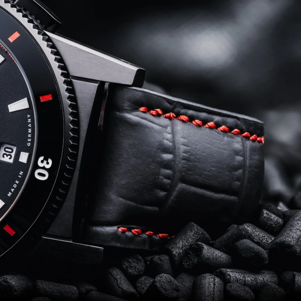 Black leather strap with red stitching on the Sportivo Power Chronograph