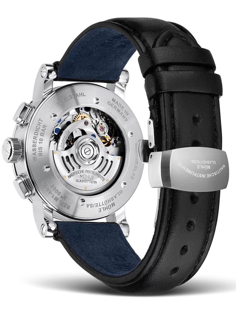 Case back of the Teutonia IV Chronograph showing the automatic movement through the sapphire window