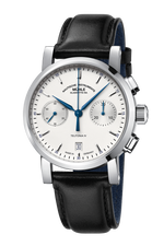 Mühle-Glashütte Teutonia IV Chronograph with white dial, blued hands and black leather strap, front view