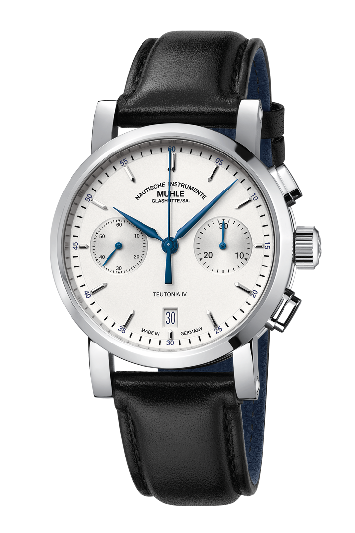 Mühle-Glashütte Teutonia IV Chronograph with white dial, blued hands and black leather strap, front view