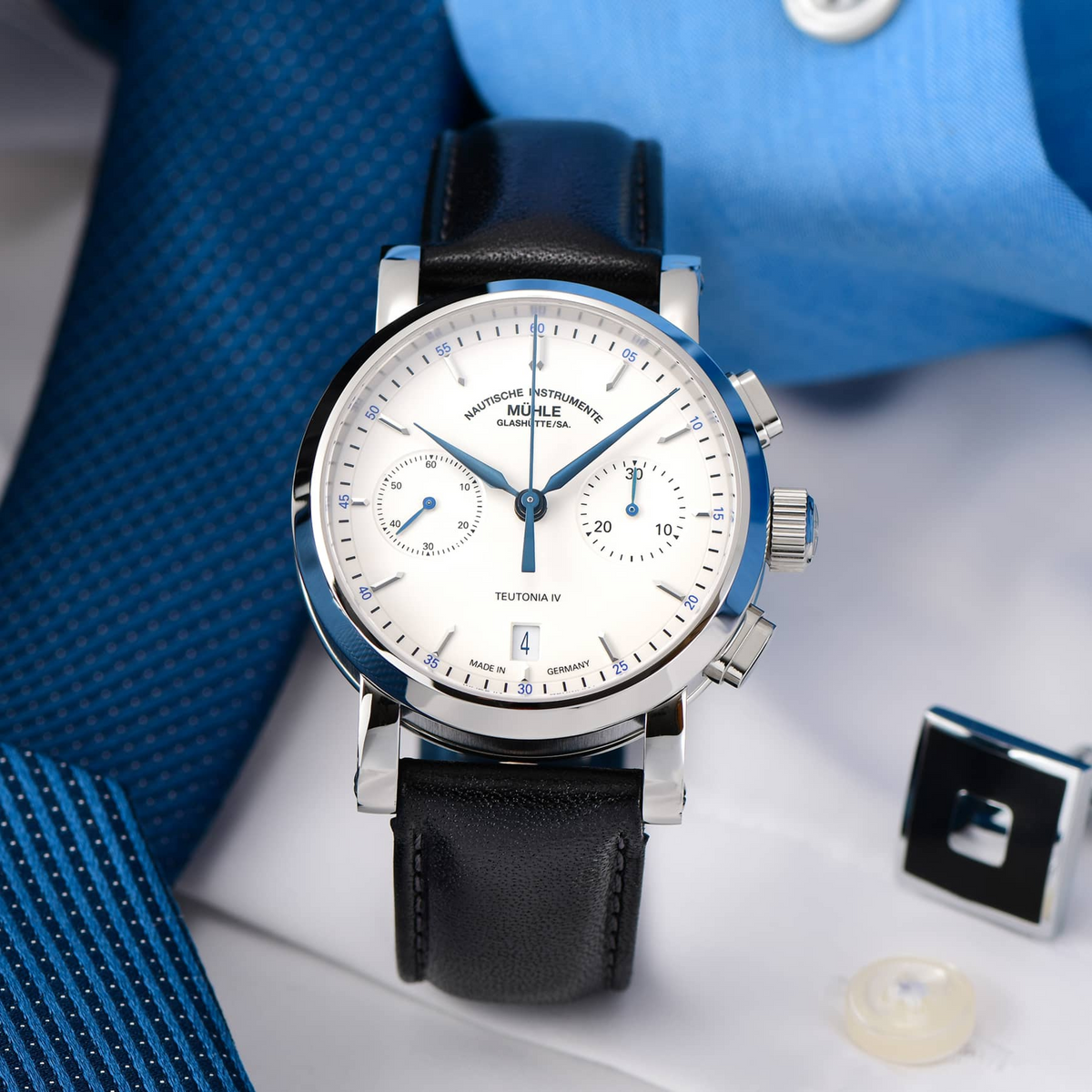 Teutonia IV Chronograph styled with a blue shirt and cufflinks