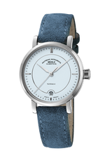 Mühle-Glashütte Teutonia IV Lady with pastel blue dial and blue velour leather strap, front view