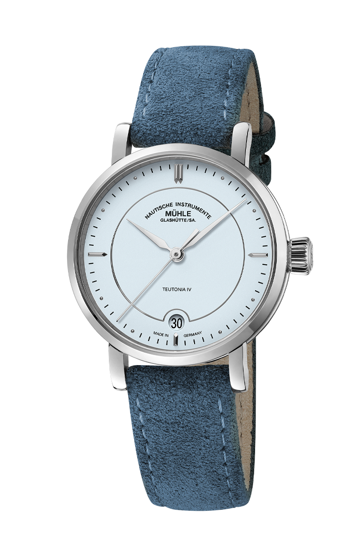 Mühle-Glashütte Teutonia IV Lady with pastel blue dial and blue velour leather strap, front view