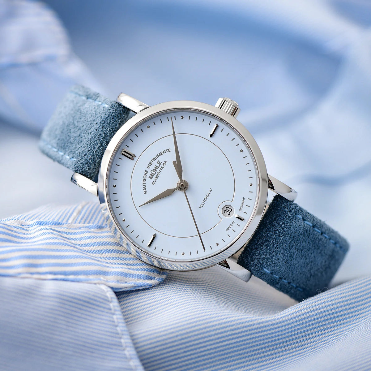 Mühle-Glashütte Teutonia IV Lady women's watch with pastel blue dial and blue velour leather strap, angle view