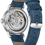 Mühle-Glashütte Teutonia IV Lady exhibition case back showing the automatic movement, blue velour strap