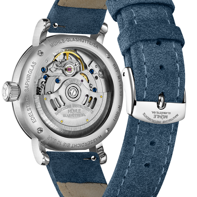 Mühle-Glashütte Teutonia IV Lady exhibition case back showing the automatic movement, blue velour strap