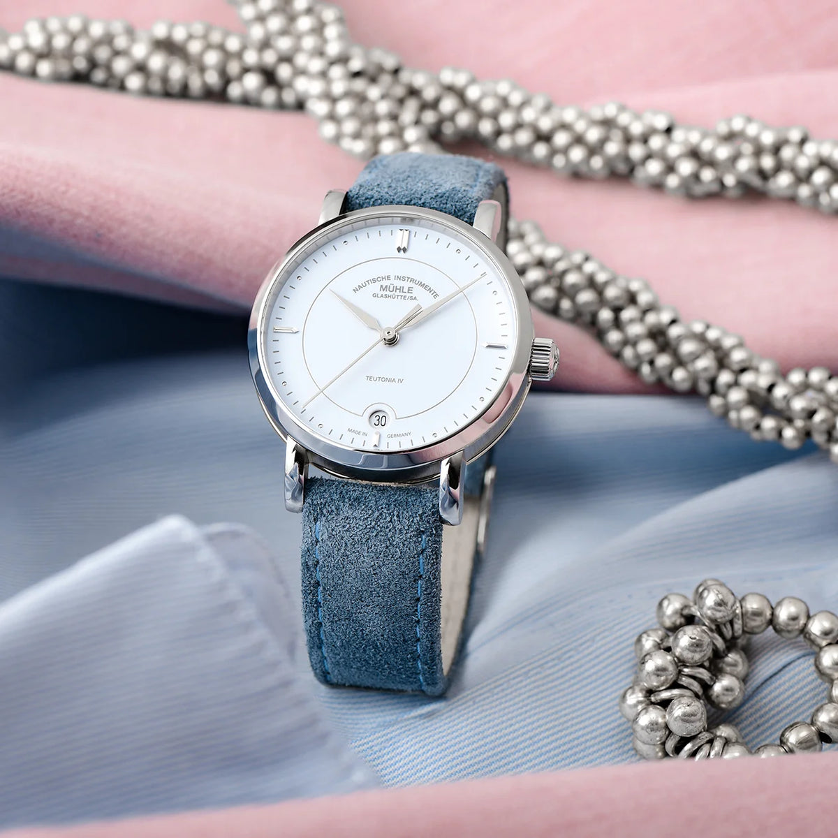 Mühle-Glashütte Teutonia IV Lady women's watch with pastel blue dial and blue velour leather strap, lifestyle view