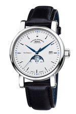 Mühle-Glashütte Teutonia IV Moonphase with white dial, moon phase at 6 o'clock and black leather strap, front view
