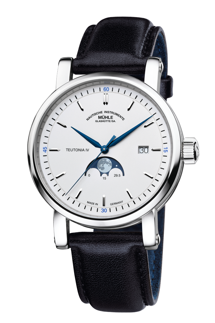 Mühle-Glashütte Teutonia IV Moonphase with white dial, moon phase at 6 o'clock and black leather strap, front view