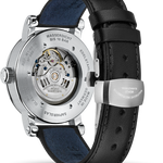 Mühle-Glashütte Teutonia IV Moonphase exhibition case back showing the automatic movement, black leather strap