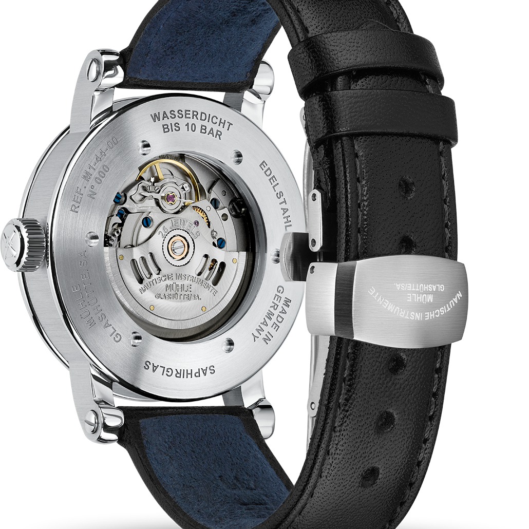 Mühle-Glashütte Teutonia IV Moonphase exhibition case back showing the automatic movement, black leather strap
