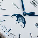 Mühle-Glashütte Teutonia IV Moonphase dial close-up showing the blue moon phase display and date