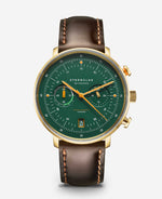 Sternglas Hamburg Chrono with green dial, gold-tone case and brown leather strap, front view