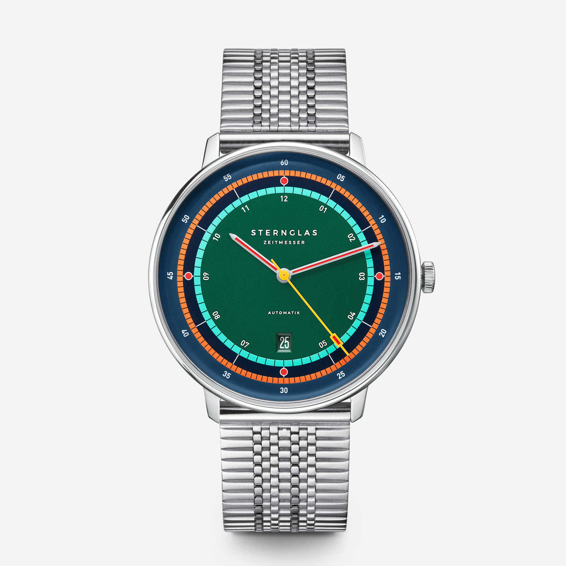 Sternglas Hamburg Edition Argo with green dial and steel mesh bracelet, front view