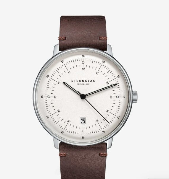 Sternglas Hamburg with silver dial and brown leather strap, front view