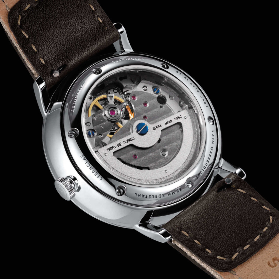 Sternglas Lumatik exhibition case back showing the automatic movement