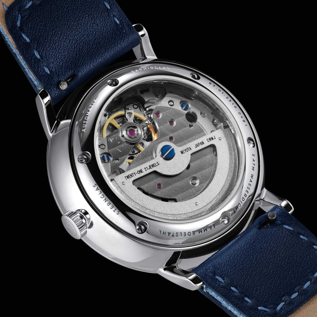 Sternglas Lumatik exhibition case back showing the automatic movement