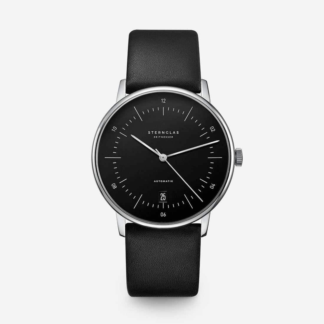 Sternglas Naos Automatic with black dial and black leather strap, front view