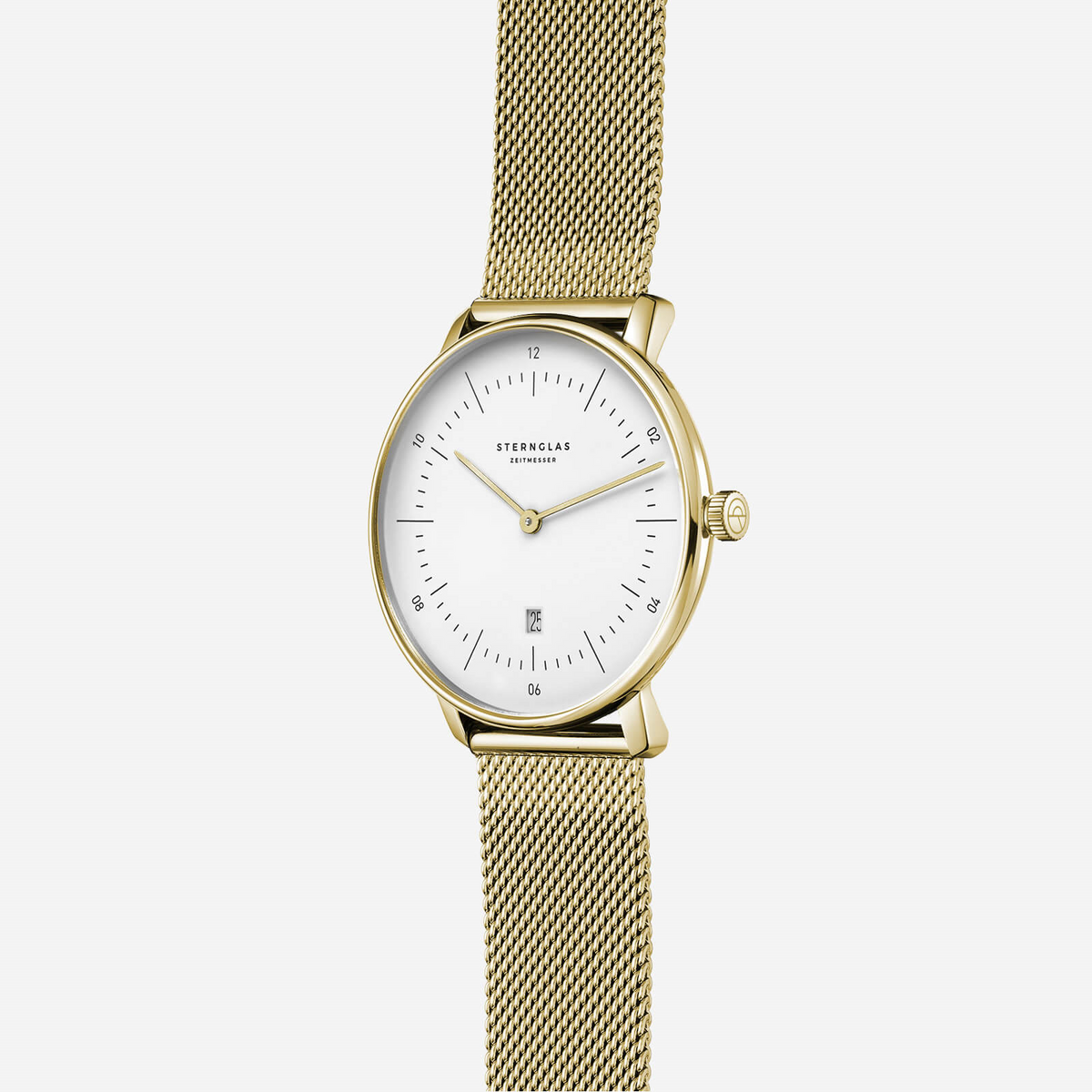 Sternglas Naos XS gold-tone watch, angled view showing the crown and slim 33mm case