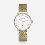 Sternglas Naos XS women's watch with white dial and gold-tone mesh bracelet, front view
