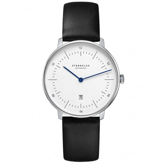 Sternglas Naos XS women's watch with white dial and black leather strap, front view